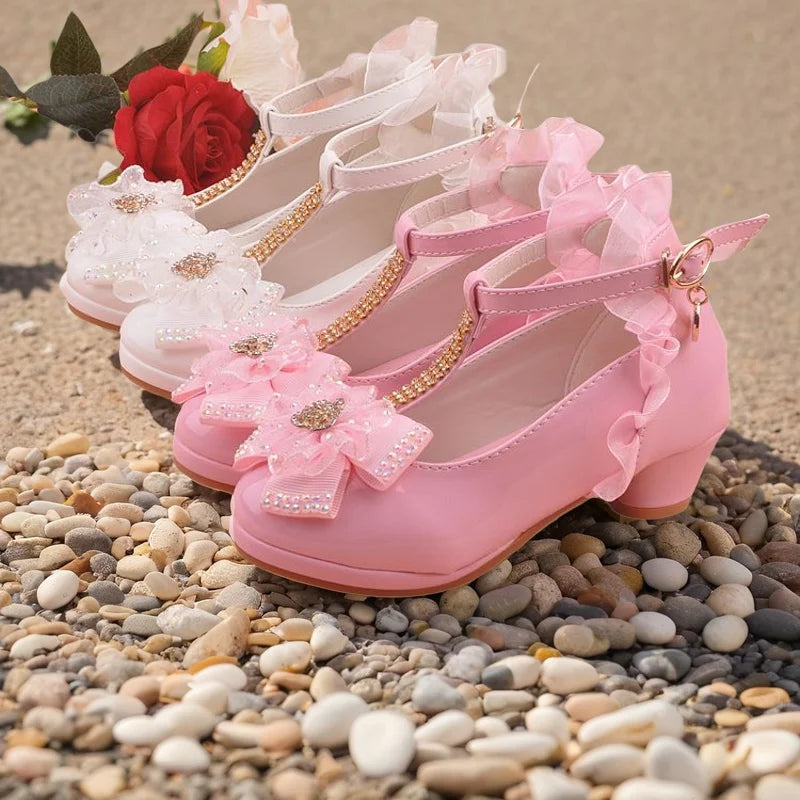ULKNN Girls high heel sandals pink leather buckle strap children's gladiators white bow tie shoes size 26-37 soft toddler shoes