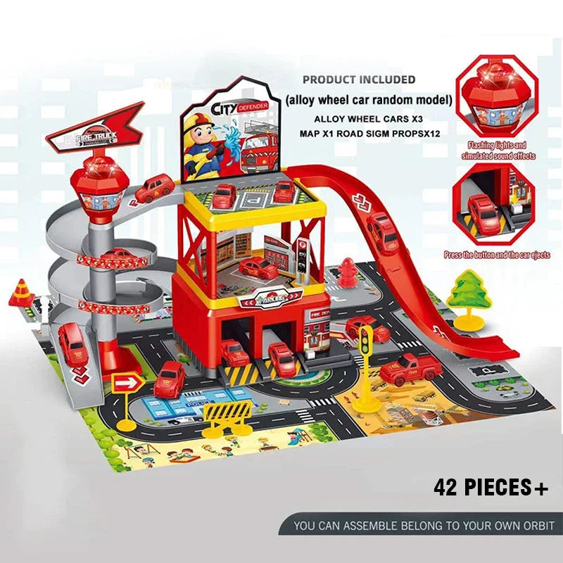 Coches ferroviarios Parking de bricolaje ensamblado pista inercia coche ingeniería vehículo coche pista para niños niños regalos de cumpleaños