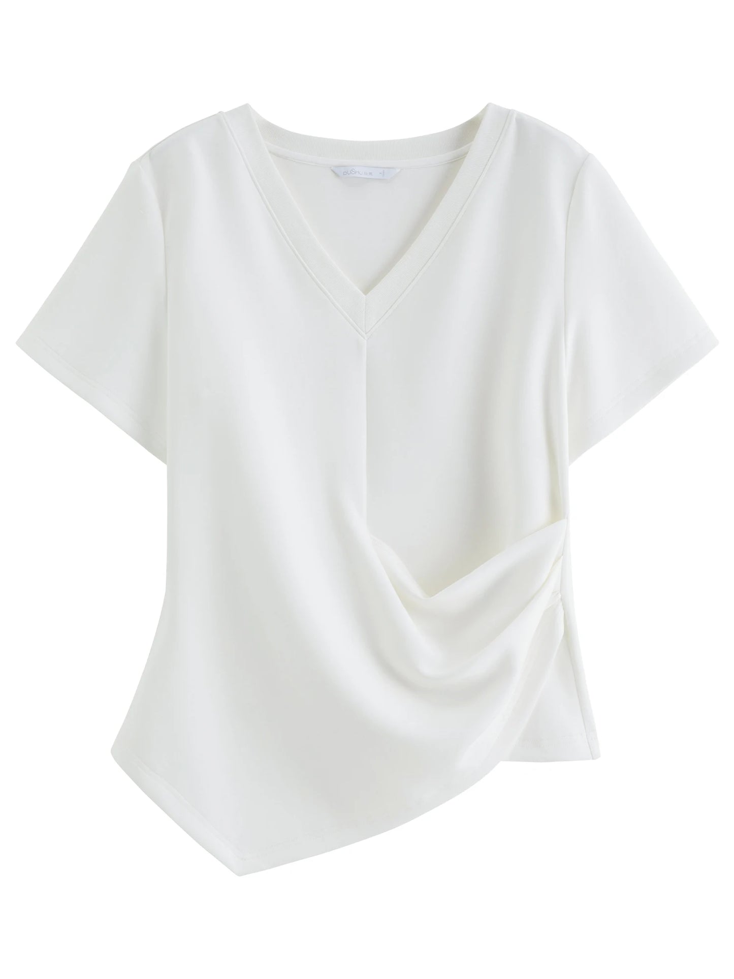 T-shirt femme asymétrique plissé — taille définie, printemps 2026, col en V, manches courtes