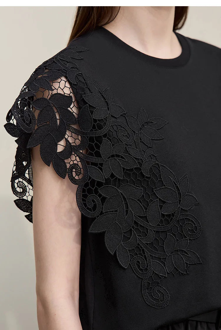 T-shirt femme 2026 été — col rond, coton, anti-transpiration, dentelle asymétrique, ample, manches courtes