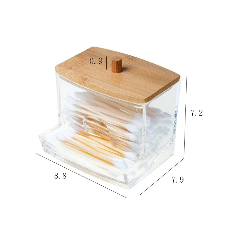 Cotton Swab Storage Box, Double Head Cotton Swab Container, Transparent Square Bamboo Lid, Toothpick Organizer Box