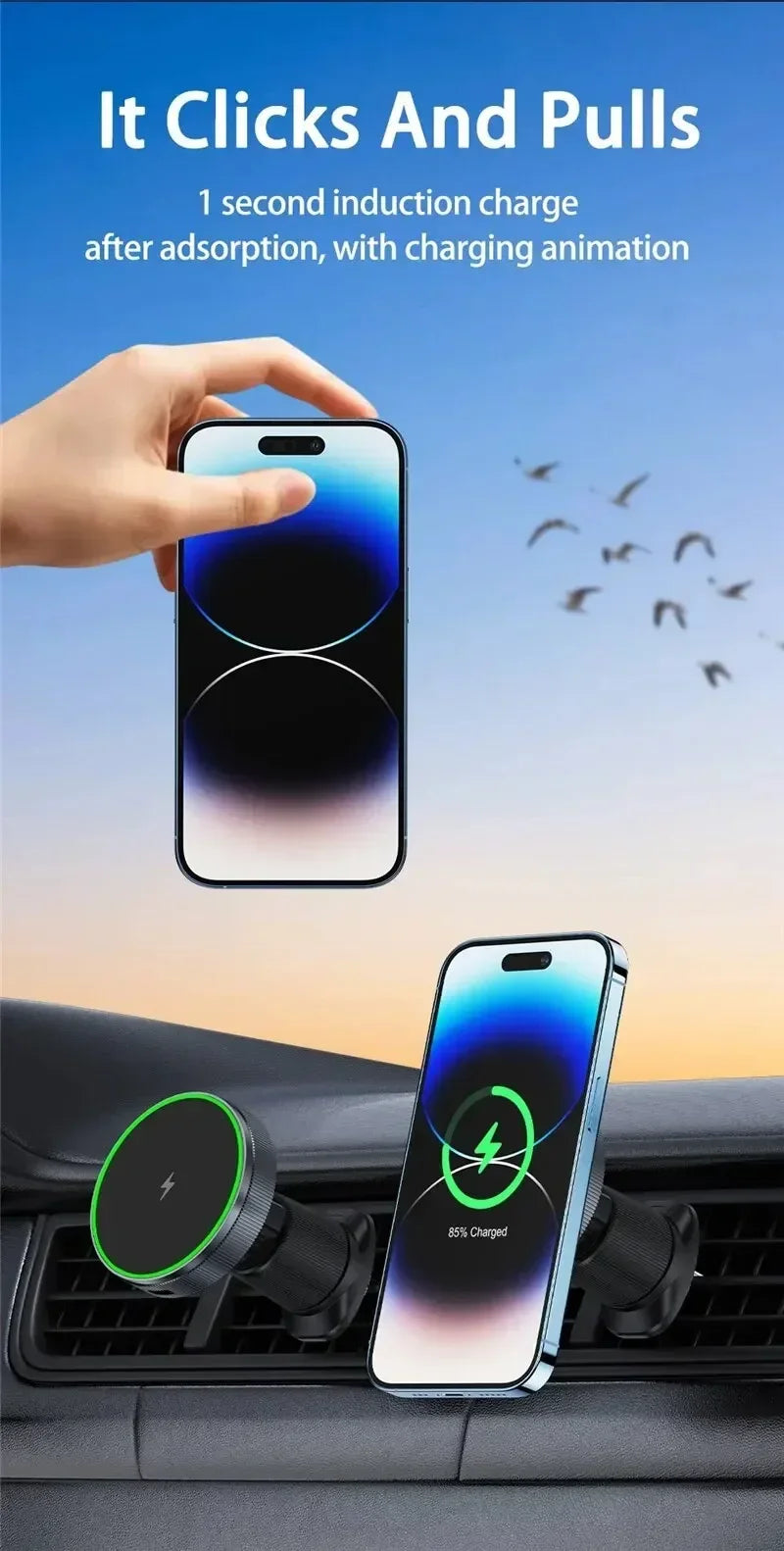 Chargeur de voiture magnétique sans fil — lumière LED, sortie d'air, support téléphone, charge rapide
