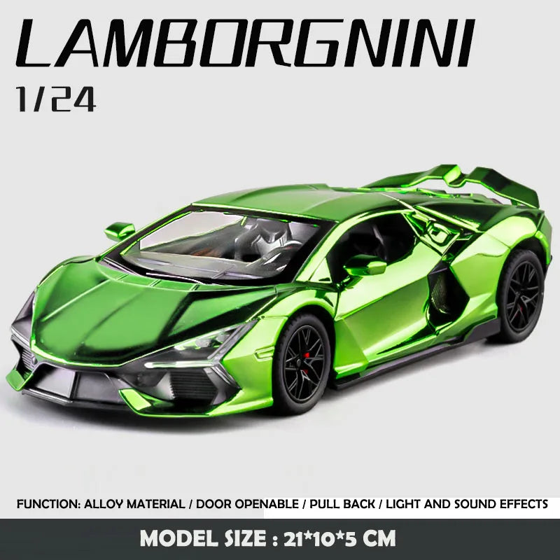 Simulación 1:24 Lamborghini Revuelto Supercoche con luz y sonido para niños, regalo de cumpleaños, coche en miniatura, decoración del hogar