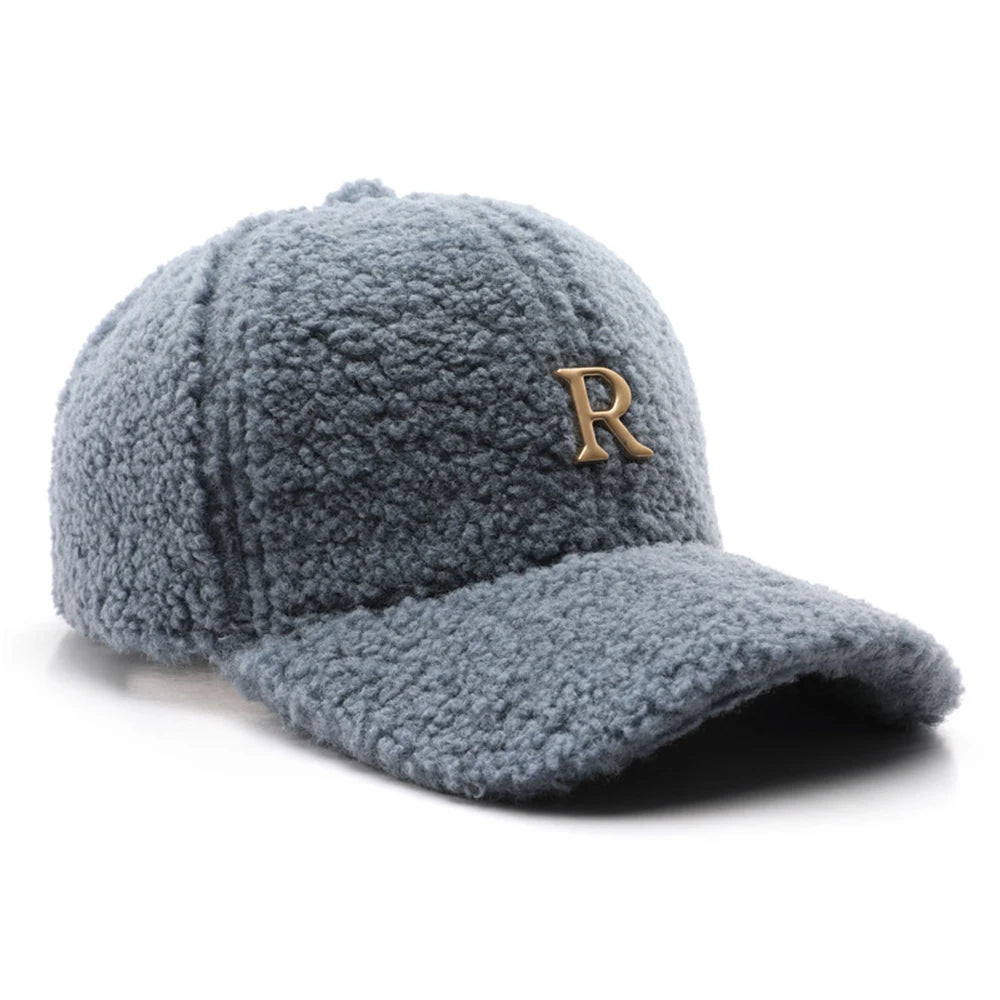 Casquette de baseball en laine d'agneau verte — lettres dorées, trucker, hiver, femme et homme