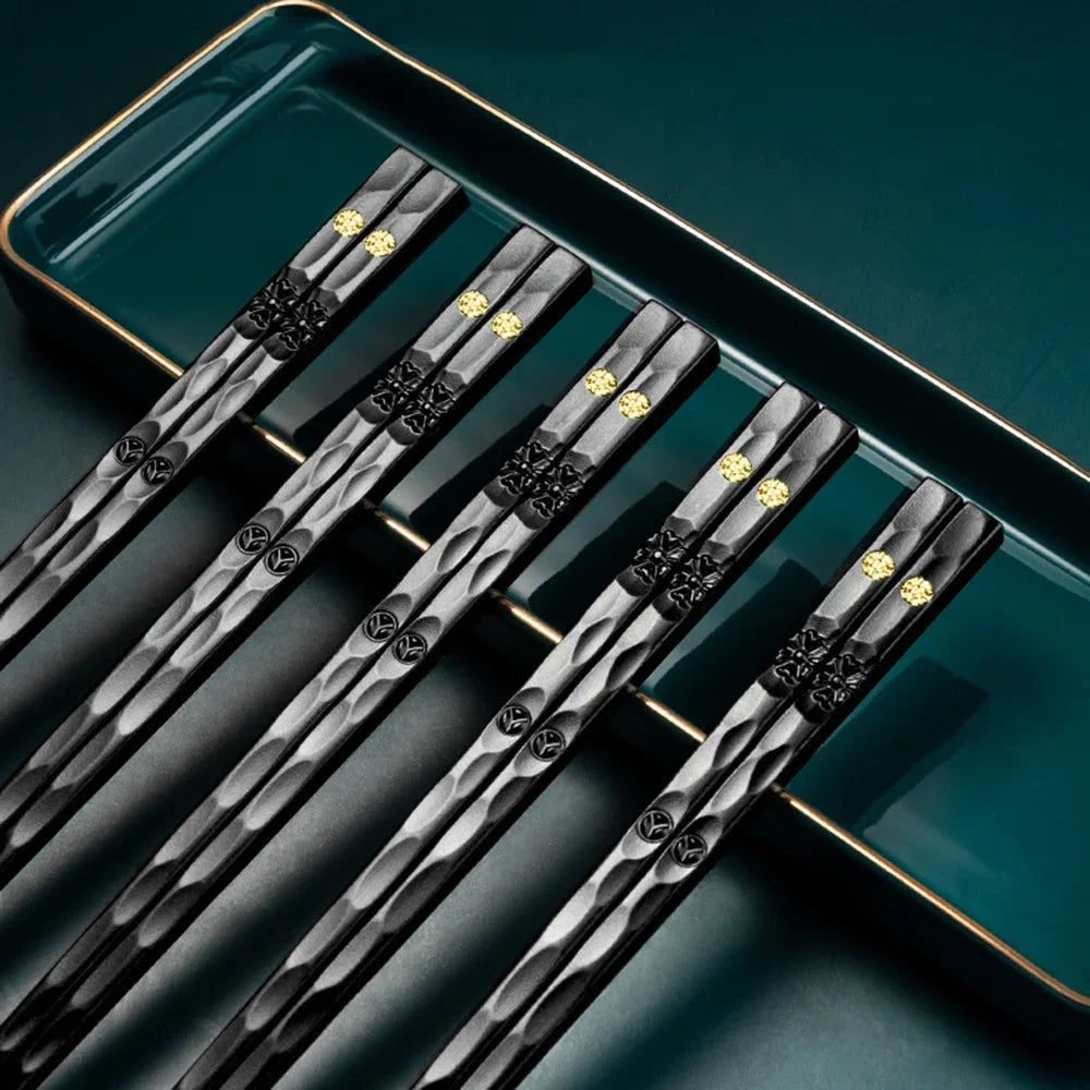 Reusable Chinese Chopsticks, 5 Pairs, Non-slip Alloy Food Sushi Sticks, Dishwasher Safe, Food Grade Bamboo-shaped Chopsticks