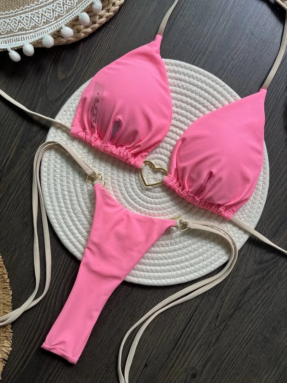 Ensemble bikini sexy dos nu couleur unie taille basse pour femme, maillot de bain deux pièces triangle string brésilien
