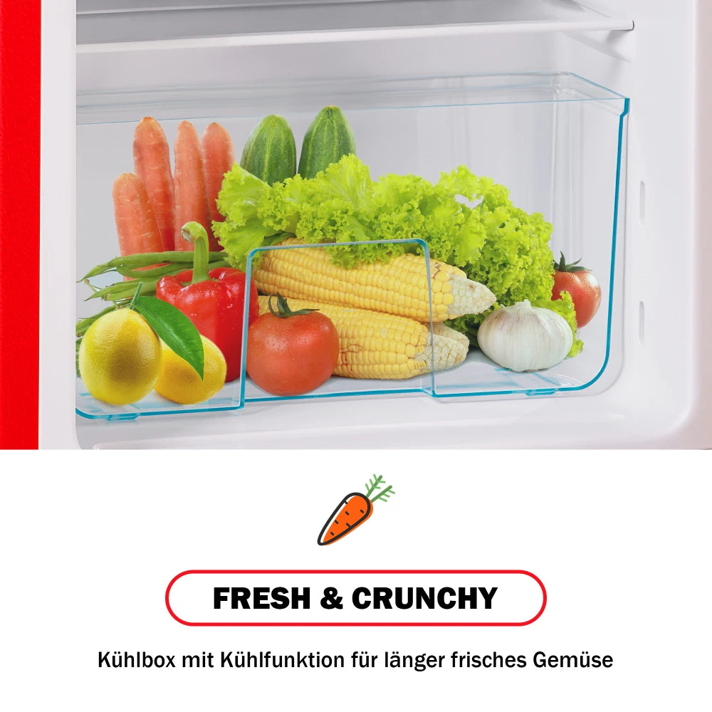 Combinaison réfrigérateur-congélateur rétro 45,5 cm de large, 2 portes 60 litres de volume total, volume de congélateur 22 litres. 102 KWh/année,