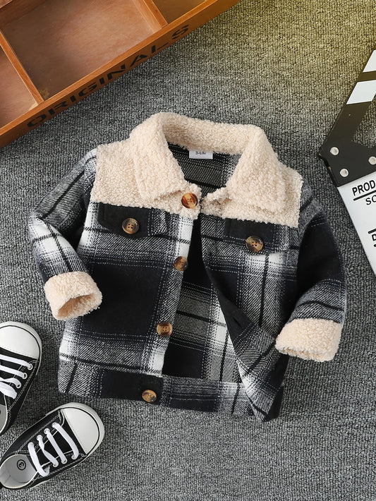 Veste en peluche patchwork à carreaux à manches longues pour bébé garçon, à la mode et simple, pour l'automne et l'hiver