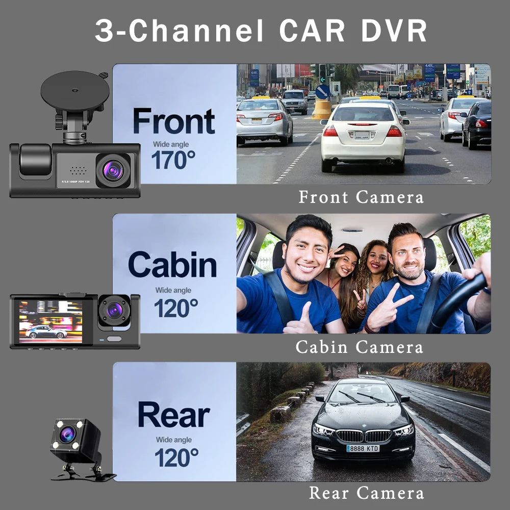 Dashcam 3 Canaux HD 1080P Triple Lentille — DVR Véhicule Intérieur Enregistreur