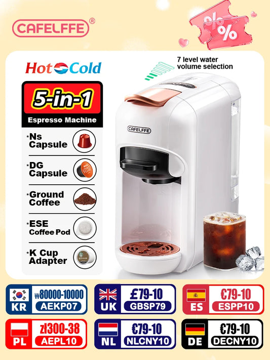 Machine à café 5 en 1 — dosette ESE, café moulu, capsules, 19 bars, chaud/froid, cadeau