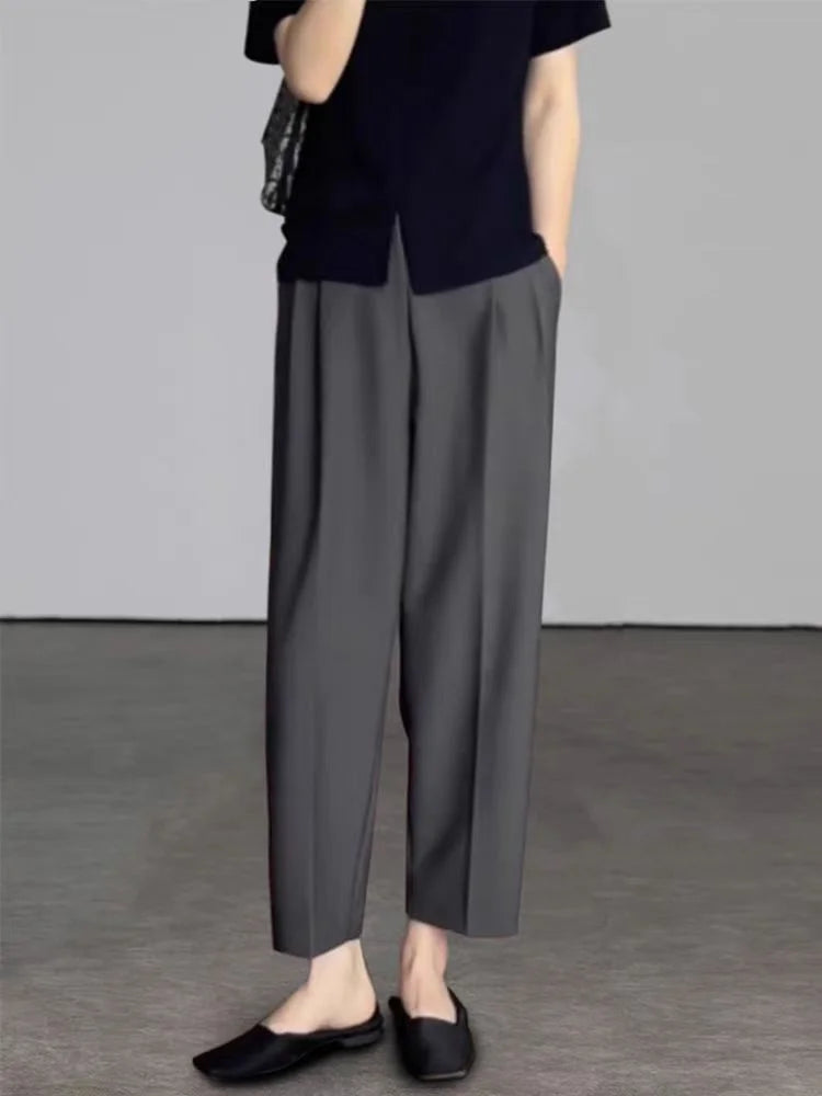 Botvotee Elegant Black Grey Ankle Length Suit Pants for Women High Waist Harem Fashion Trousers with Pockets