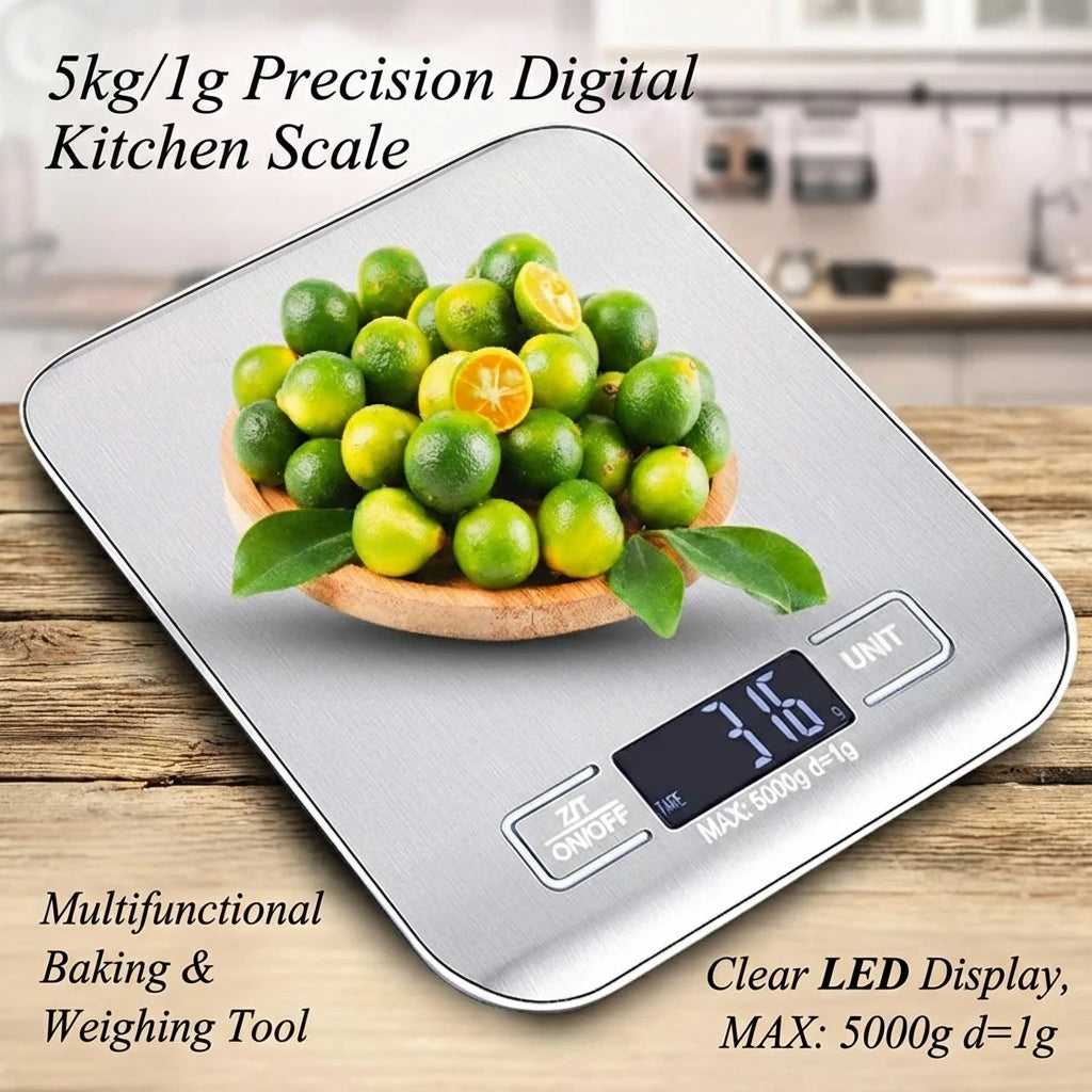 Digital Kitchen Scale with LED Display, 5 kg/1 g Stainless Steel, Electronic Weighing for Food, Jewelry, Snacks, Baking, Kitchen Tools