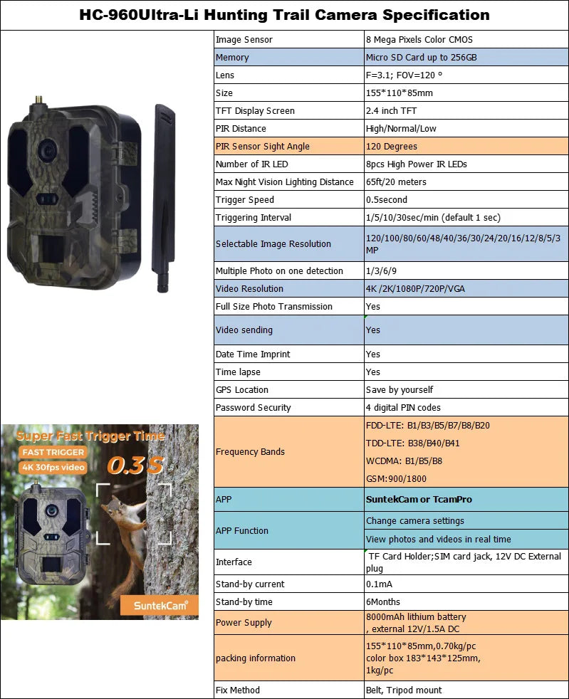 Caméra de chasse 4G LTE avec contrôle par application, diffusion vidéo en direct 4K, service cloud, FTP, SMTP, batterie 8000 mAh HC-960Ultra-LI