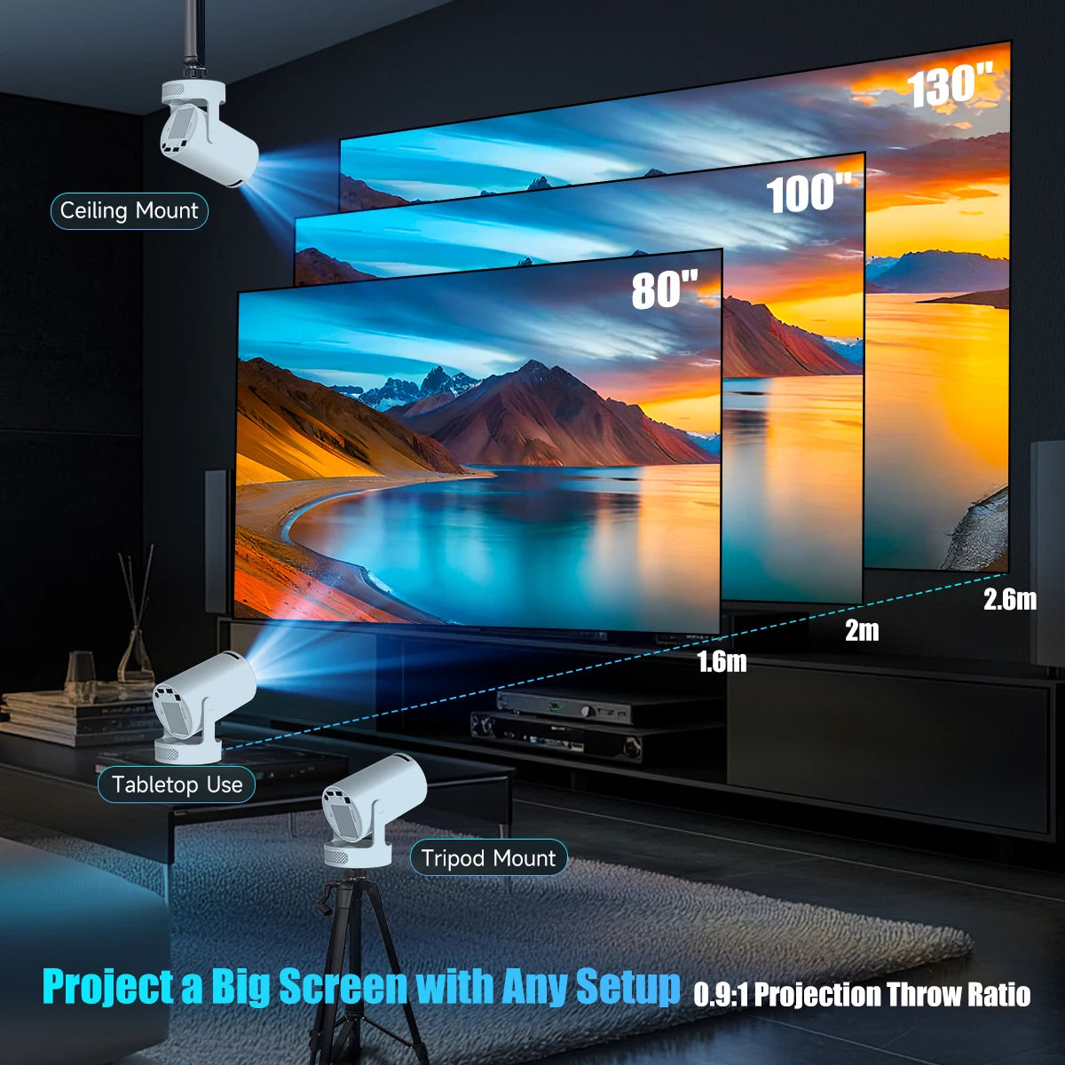 Projecteur 4K 720P Android 11 — WiFi6, BT5.4, 8000 lumens, haut-parleur 5W, cinéma maison extérieur