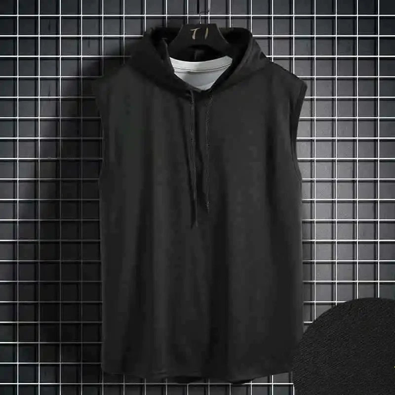 Men Tie Collar Hooded Sleeveless Vests Male Summer Loose Solid Hip Hop T-shirt Tops