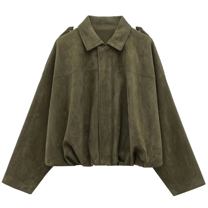 HXAO femmes Bomber veste revers fermeture éclair manches longues veste en daim femmes 2025 haute rue recadrée vestes de course manteaux vêtements d'extérieur