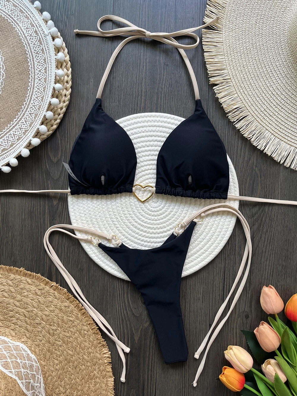 Ensemble bikini sexy dos nu couleur unie taille basse pour femme, maillot de bain deux pièces triangle string brésilien