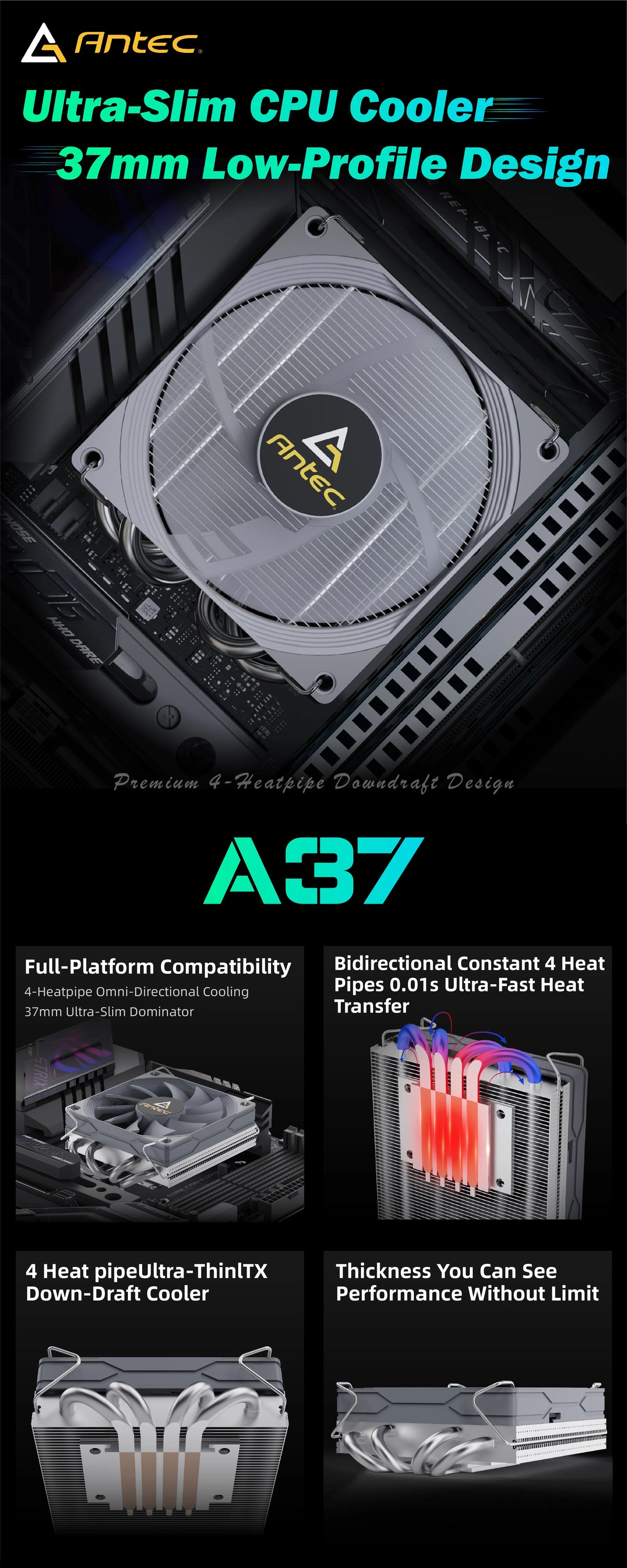 Antec A37 37mm ITX refroidisseur de processeur à profil bas 92mm ventilateur PWM 130W-TDP pour Intel/AMD 12.8 W/m.K pâte, Compatible I5-12400F/Ryzen-7500F