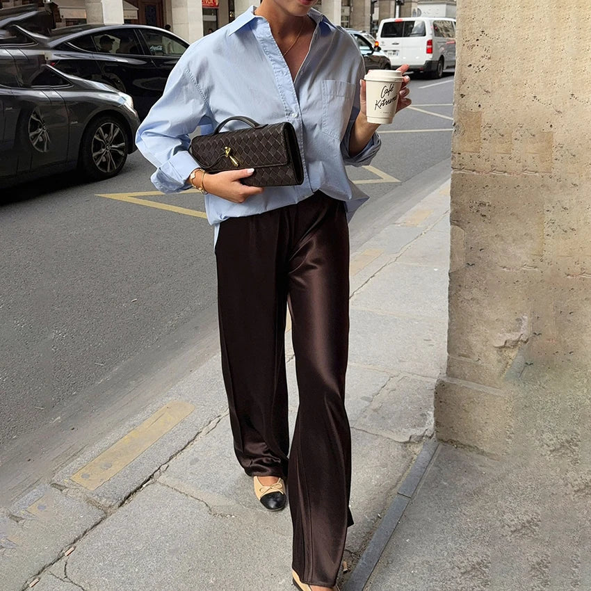 Pantalon ample en crêpe rose pour femme — rue chic, plissé, vintage, taille haute, 2025