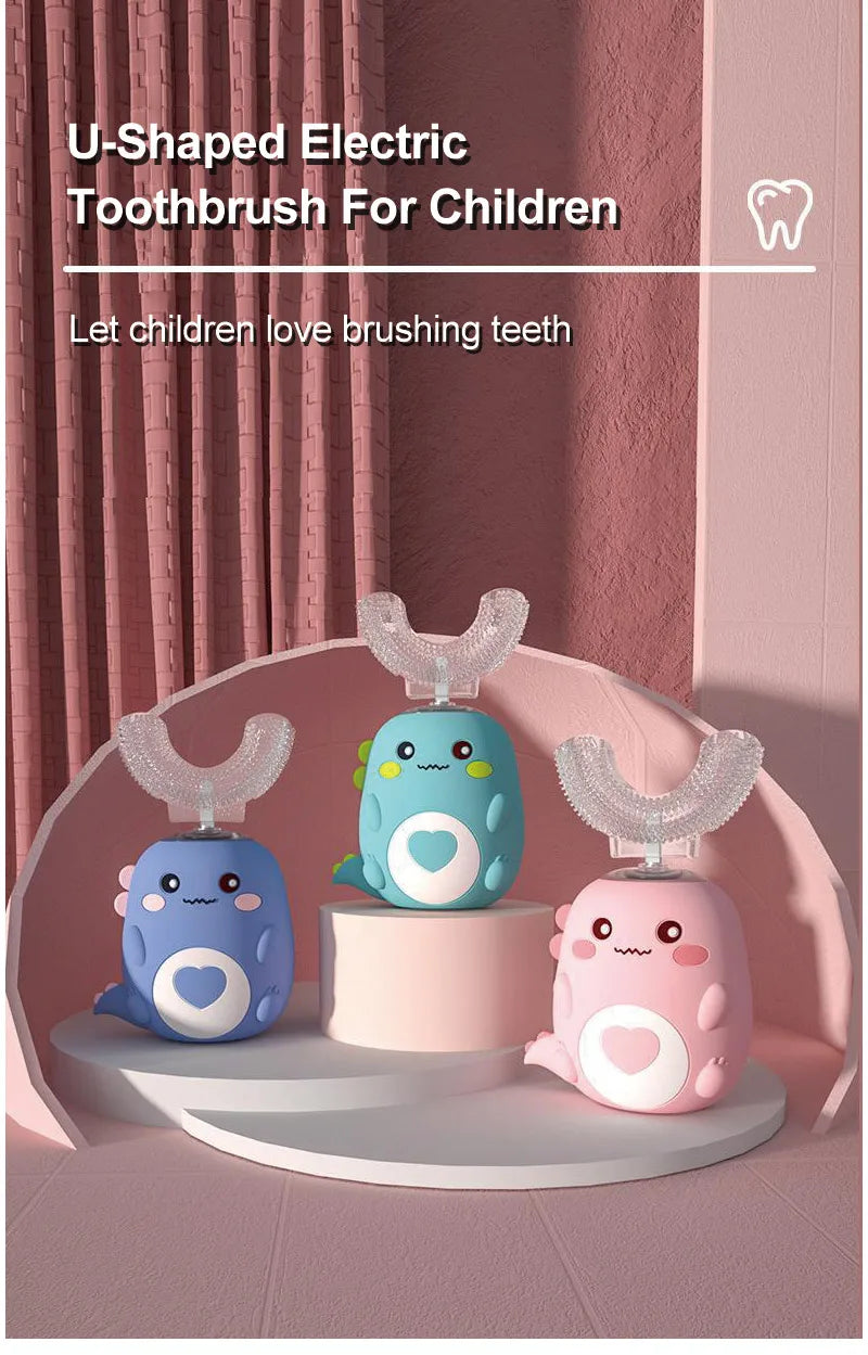 Cepillo de dientes eléctrico infantil en forma de U, rotación de 360 grados, dibujos animados inteligentes, cepillo de dientes de silicona, automático, recargable, sónico