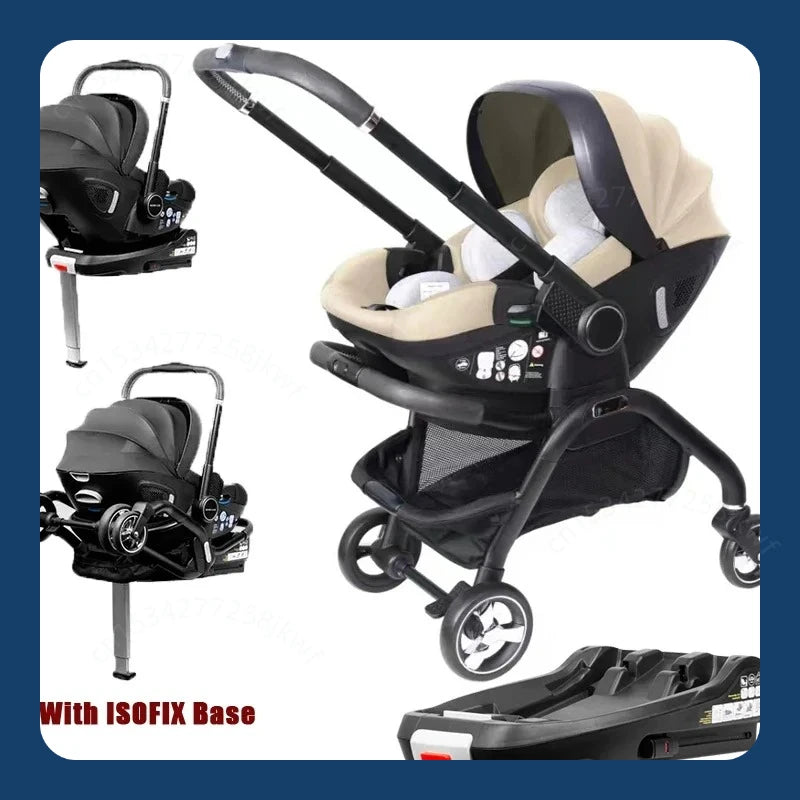 Cochecito de bebé 4 en 1, silla de coche para niños con base ISOFIX, cochecito de lujo portátil y ligero para recién nacidos