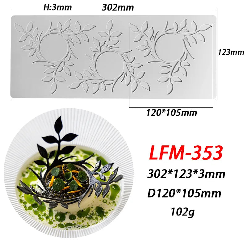 Anillo circular con forma de hoja, sello de encaje con tapa de azúcar, ramas de árbol, verduras, decoración de alimentos occidentales, cocina molecular, molde de silicona para hornear