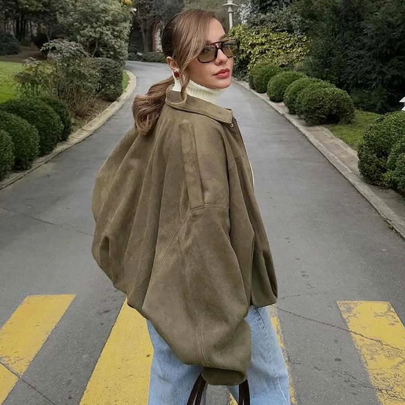 HXAO femmes Bomber veste revers fermeture éclair manches longues veste en daim femmes 2025 haute rue recadrée vestes de course manteaux vêtements d'extérieur