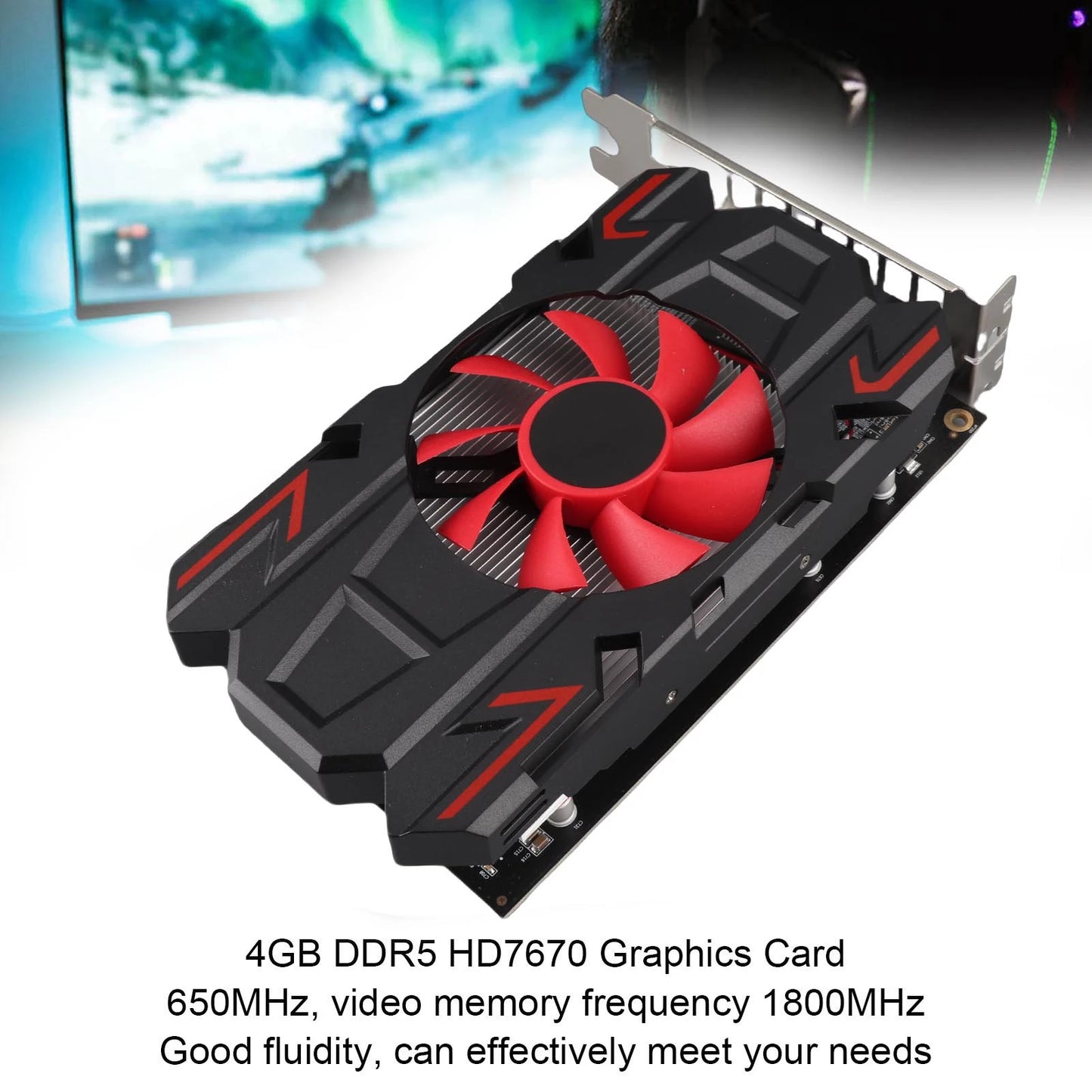 Carte graphique HD7670 4 Go DDR5 128 bits avec ventilateur de refroidissement, prise en charge 2560x1600, interface multimédia HD, carte graphique de jeu DVI VGA