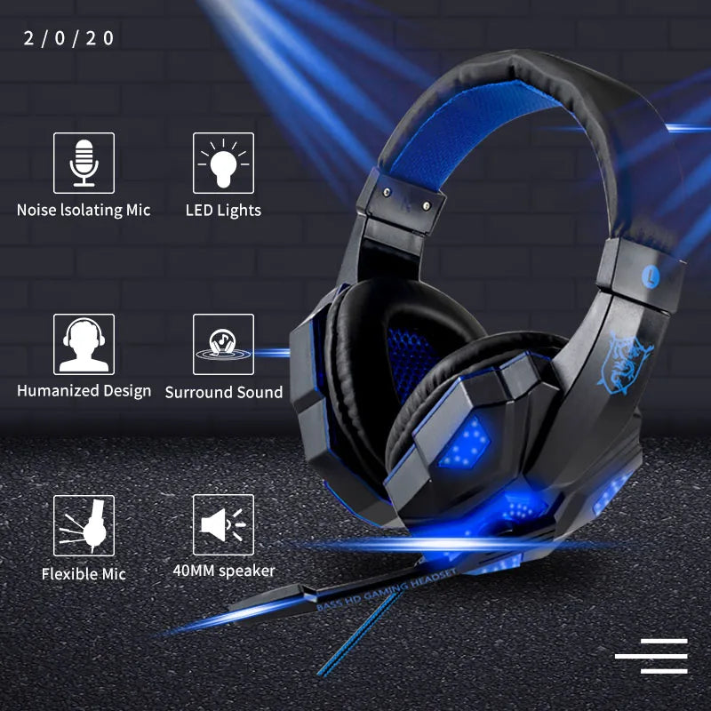 Casque de jeu avec micro et lumière LED — PC, portable, téléphone, filaire, stéréo, 3.5mm, cadeaux