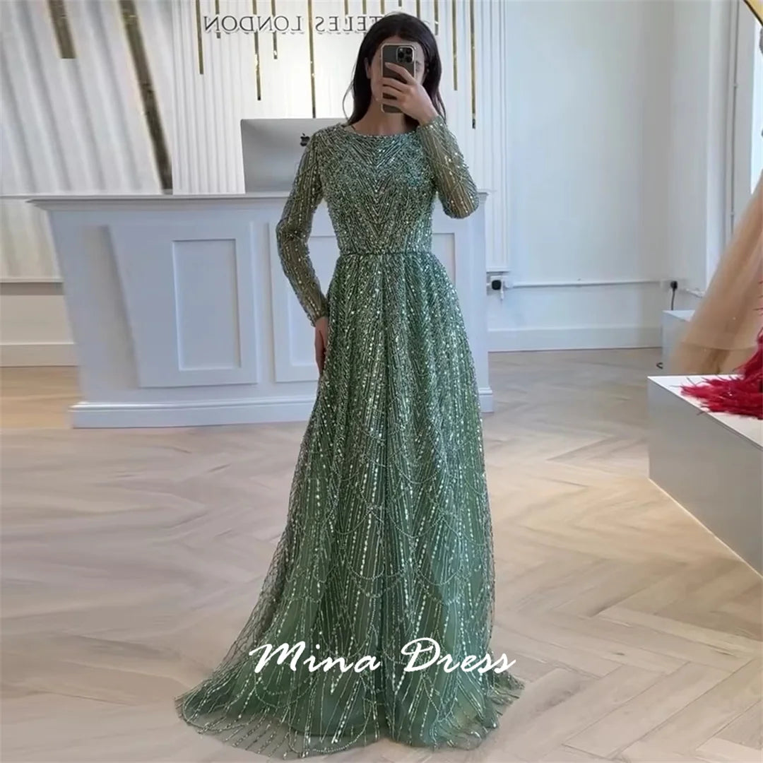 Mina Custom Beads Robes de soirée luxueuses pour femmes pour occasions formelles Paillettes. Robe de soirée de luxe à manches longues et col rond