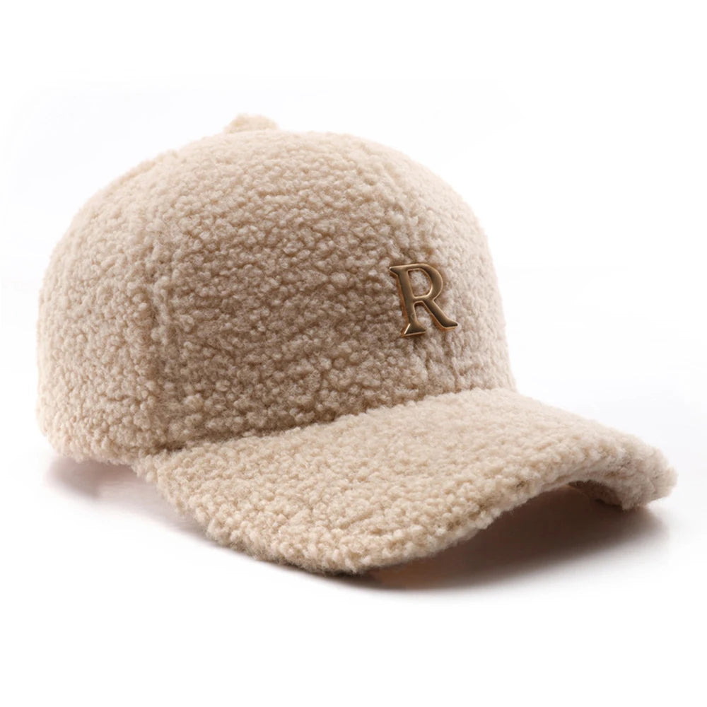 Casquette de baseball en laine d'agneau verte — lettres dorées, trucker, hiver, femme et homme