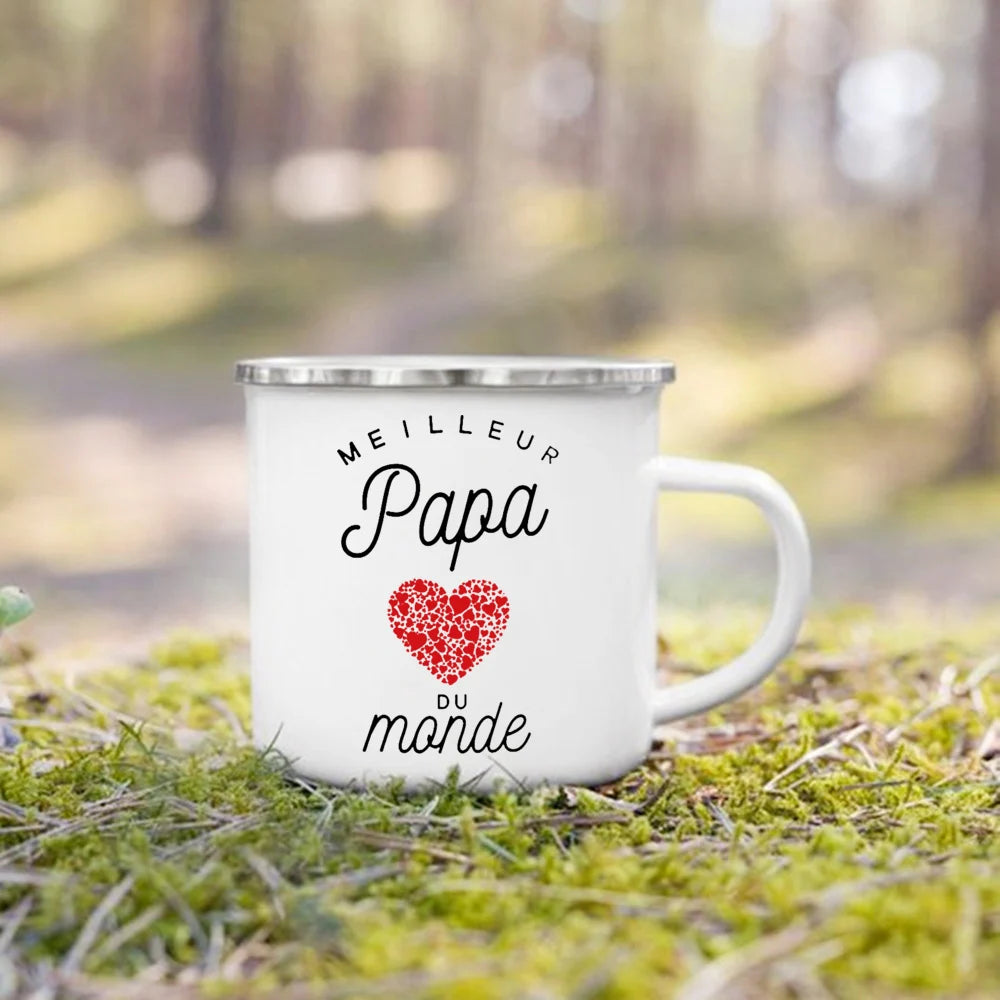 Meilleur papa et maman du monde tasse imprimée française boisson en plein air lait tasse à café Camping tasses en émail cadeau d'anniversaire festif pour papa maman
