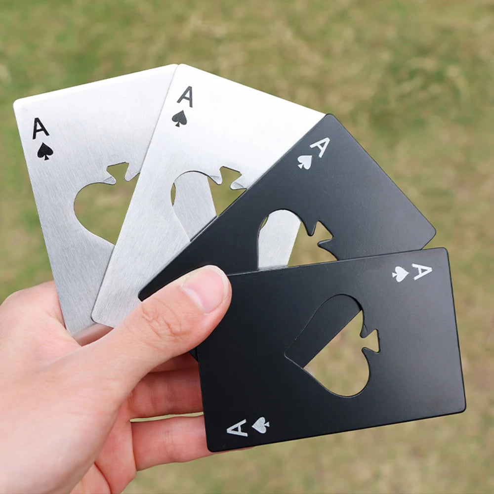 Palas de acero inoxidable, botellero, abridor de botellas, cartas de juego, abridor de botellas, tarjeta de crédito, abridor de cerveza.