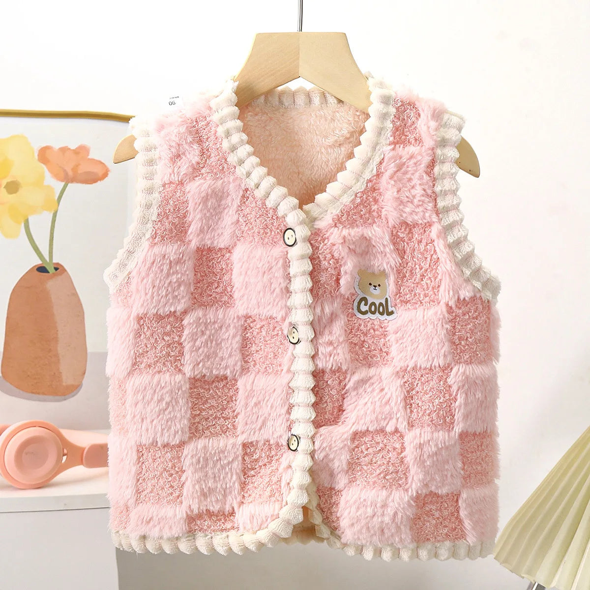 Chaqueta polar para niños, chaleco cálido de doble capa con estampado a cuadros, para niños y niñas, ropa de abrigo sin mangas para otoño e invierno