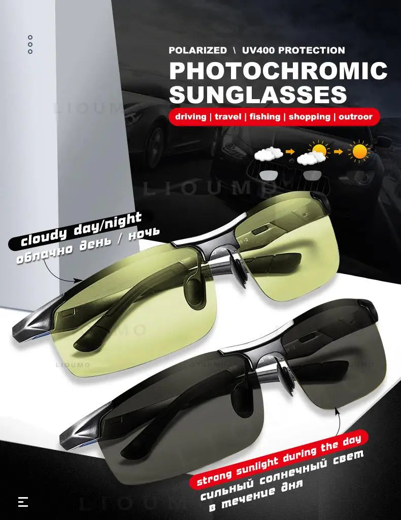 Lunettes de soleil photochromiques sans monture aluminium polarisées — conduite jour et nuit