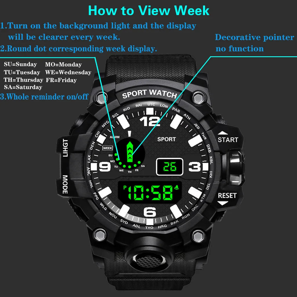 Reloj de pulsera deportivo electrónico de moda para hombre, esfera grande multifuncional impermeable, alarma luminosa, reloj militar para niños y hombres