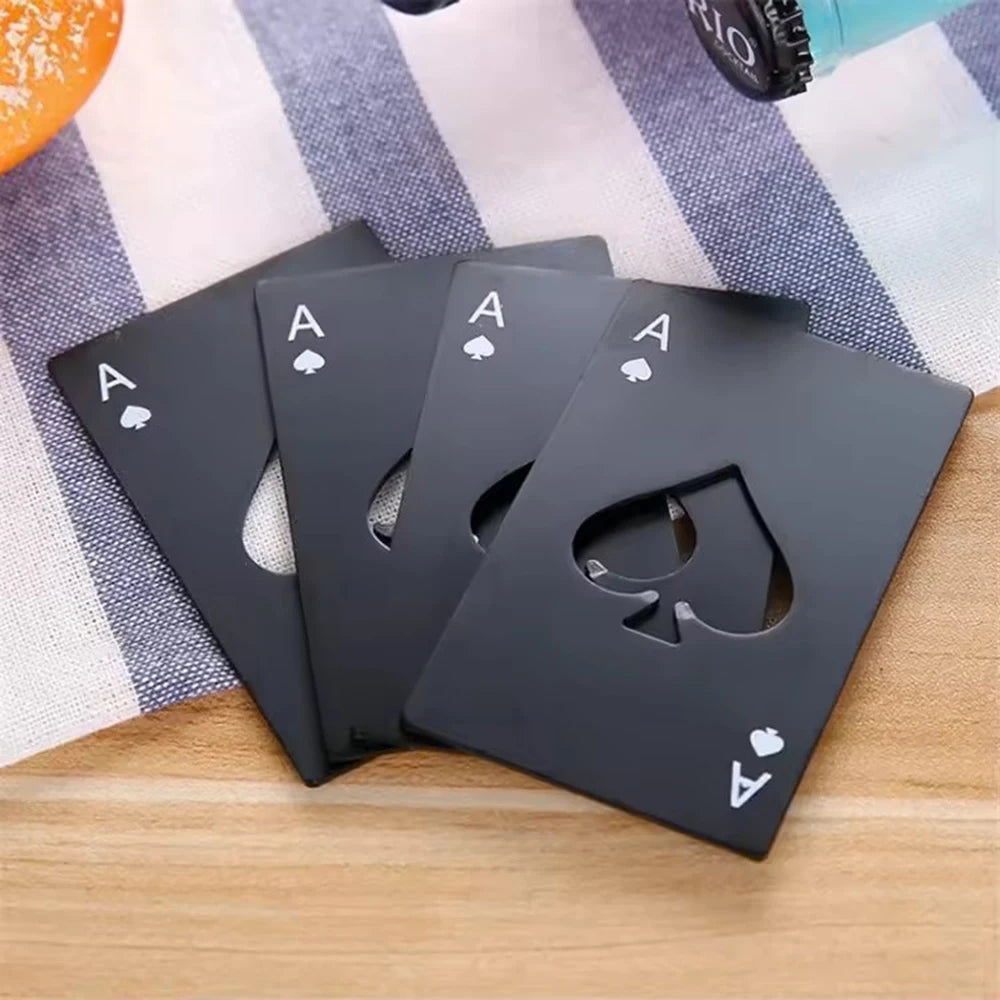Palas de acero inoxidable, botellero, abridor de botellas, cartas de juego, abridor de botellas, tarjeta de crédito, abridor de cerveza.