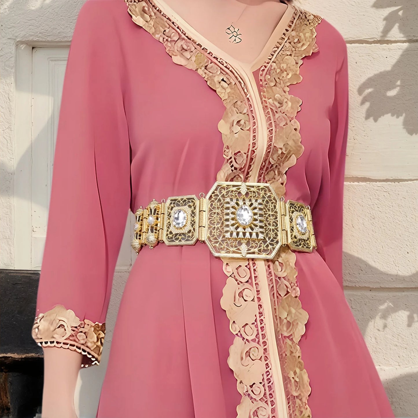 Gold Color Handmade Rope Belt, Algerian Moroccan Caftan for Women, Crystal Bridal Jewelry, Arab Festival Jewelry