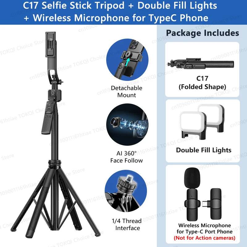 TOKQI C17 – Trépied selfie 360° avec suivi IA automatique, télécommande et lumière de remplissage