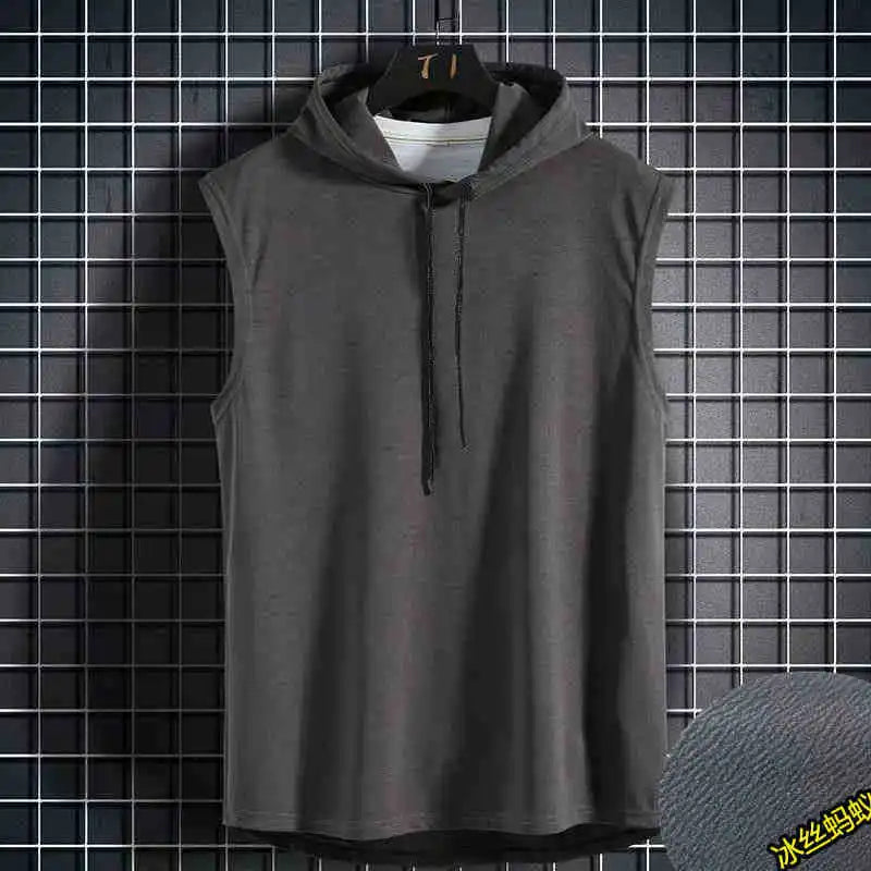 Men Tie Collar Hooded Sleeveless Vests Male Summer Loose Solid Hip Hop T-shirt Tops