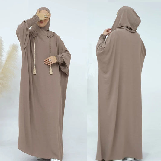 Abayas à pompons pour femmes musulmanes, vêtements de prière du Ramadan, Jalaba à capuche, manches chauve-souris décontractées solides, robe arabe financièrement, Djellab Eid