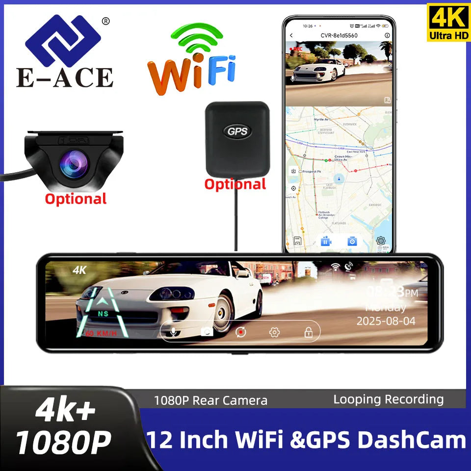 Dashcam 4K WiFi GPS 12" Tactile IPS — Rétroviseur Caméra Recul Enregistreur