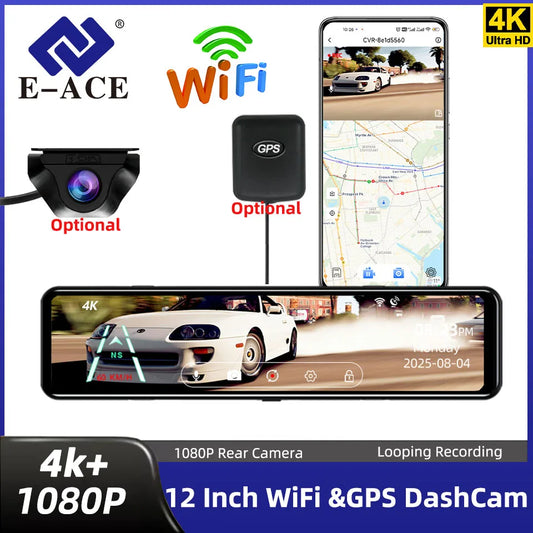 Dashcam 4K WiFi GPS 12" Tactile IPS — Rétroviseur Caméra Recul Enregistreur