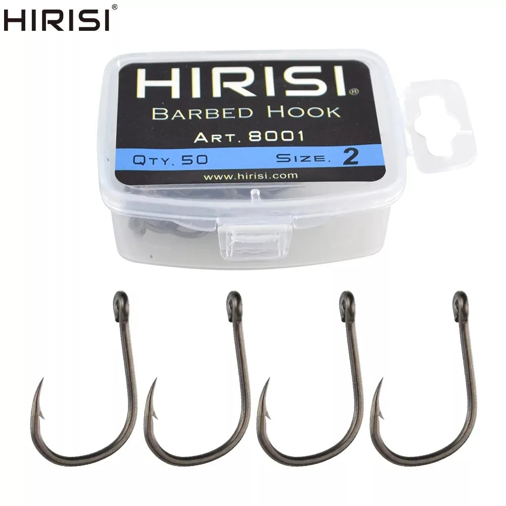Hirisi 50 Pièces Hameçons de pêche carpe à revêtement barbelé avec oeil Conception au Japon en acier à haute teneur en carbone 8001