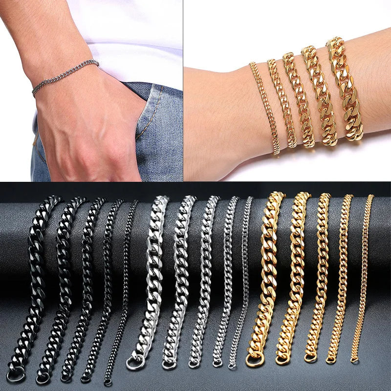 Bracelet gourmette en acier inoxydable 3-11mm — chaîne à maillons cubains, unisexe, bijoux cadeau