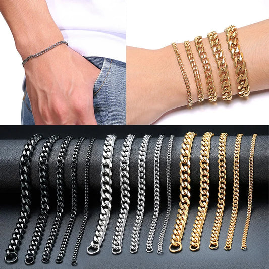 Vnox Men's Simple 3-11mm Stainless Steel Curb Chain Cuban Link Bracelets for Women Unisex Wrist Jewelry Gifts
