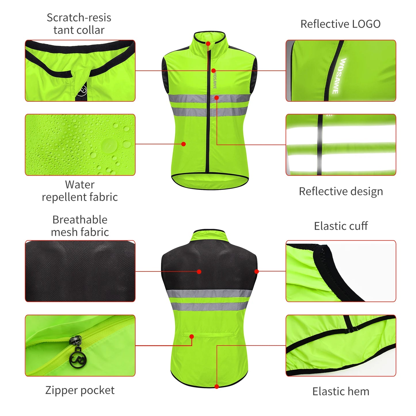 Gilet de cyclisme ultraléger sans manches — résistant à l'eau, coupe-vent, VTT, visibilité nocturne