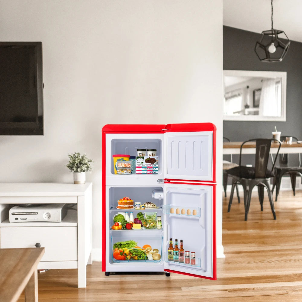 Combinaison réfrigérateur-congélateur rétro 45,5 cm de large, 2 portes 60 litres de volume total, volume de congélateur 22 litres. 102 KWh/année,
