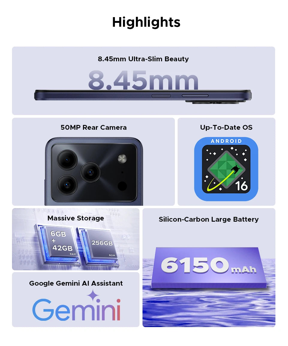 DOOGEE Note56 Plus Smartphone Android 16 — 48+256 Go, 6150 mAh, 6,56" 90Hz, 50 MP, NFC