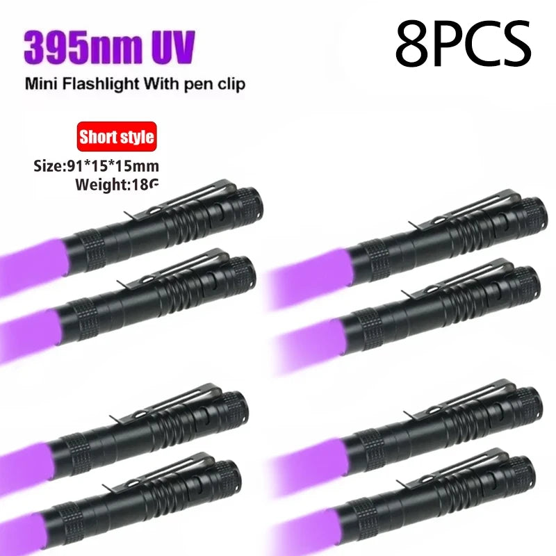 Lampe de poche UV 395nm, torche ultraviolette avec pince à stylo, piles AAA portables utilisées, lumière violette, détecteur d'urine animale et de Scorpion, lampe UV